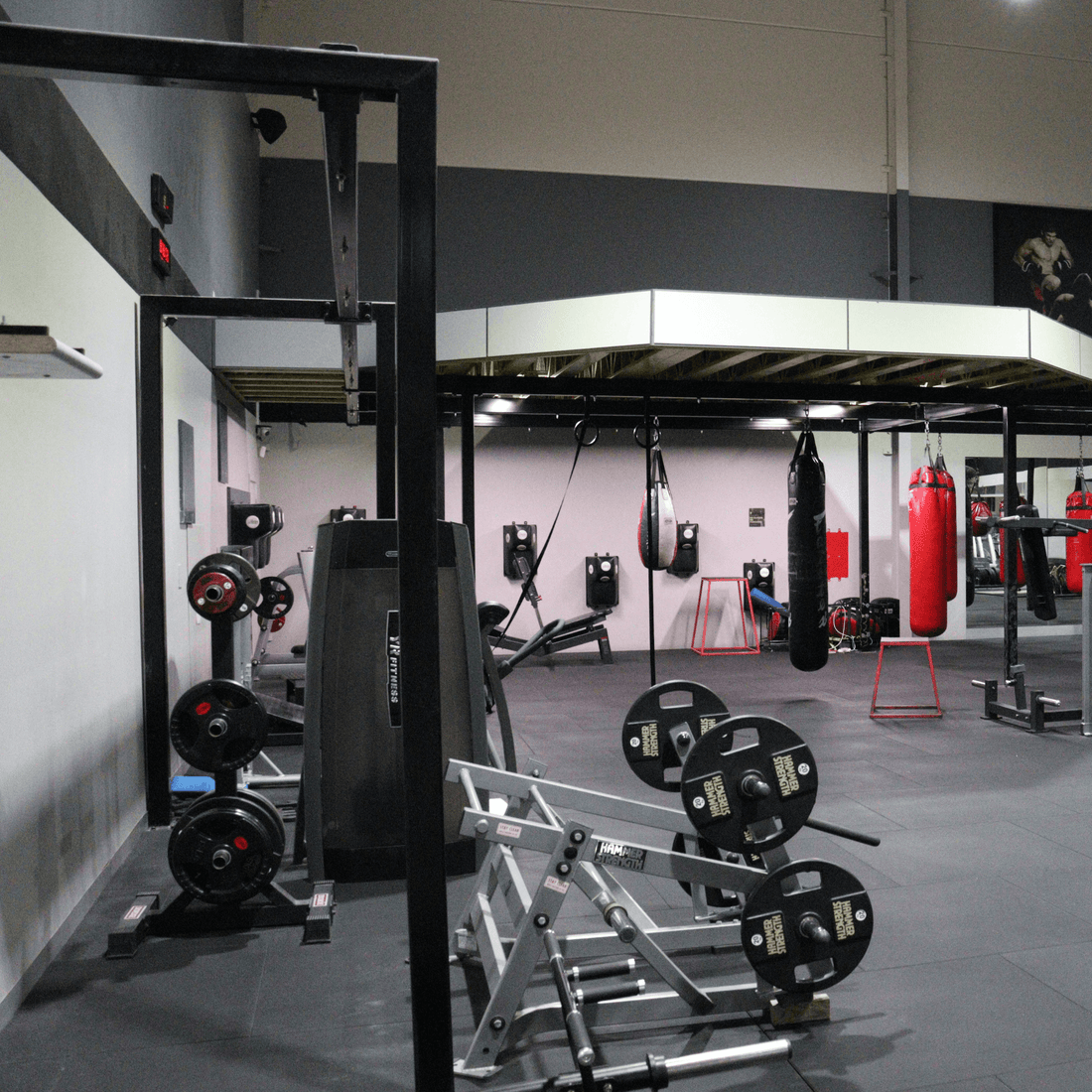 Gym floor with strength equipment, weights, and training area during safety audit inspection