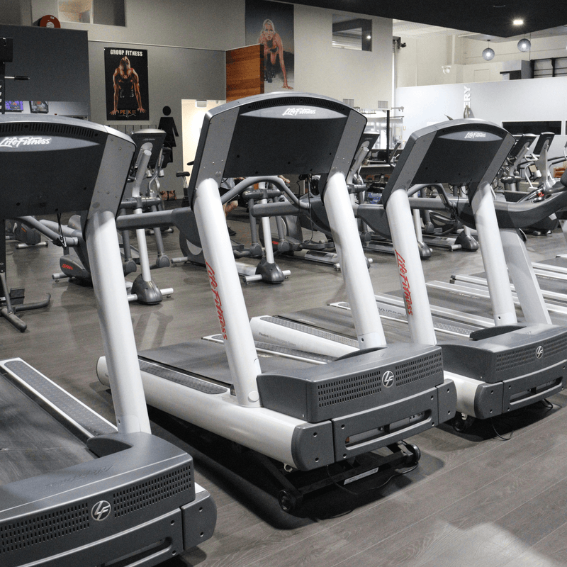 Row of treadmills in a gym setting with visible branding.